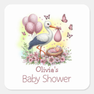 Pink Stork Baby Girl Baby Shower Square Sticker