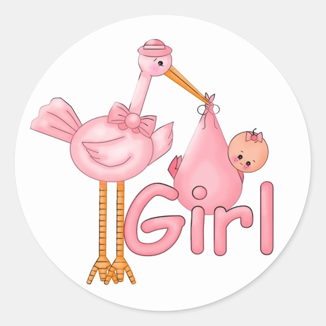 Pink Stork Baby Girl Classic Round Sticker (Front)