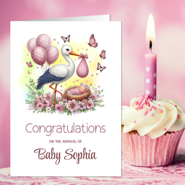 Pink Stork Baby Girl Congratulations Card (Creator Uploaded)