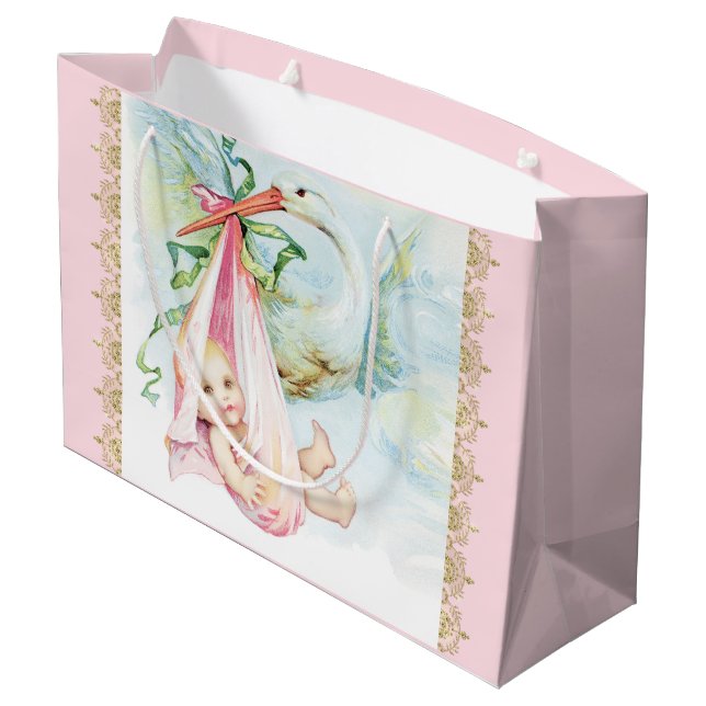 Pink Stork Baby Girl Large Gift Bag (Back Angled)