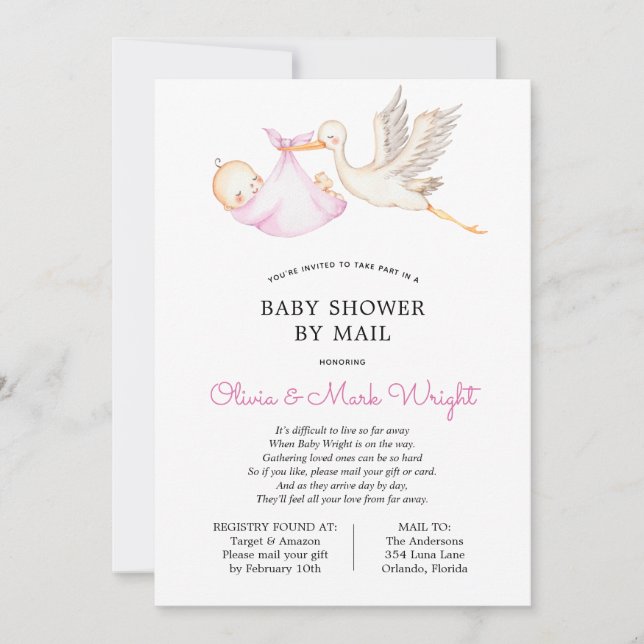 Pink Stork Baby Shower by Mail Invitation (Front)