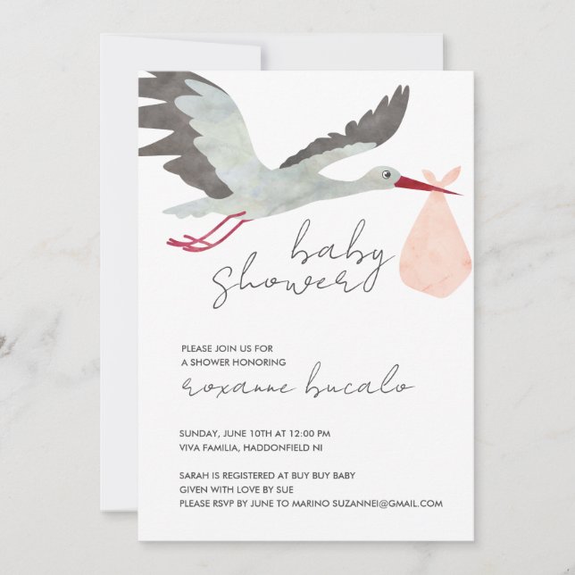Pink Stork Baby Shower Invitation (Front)