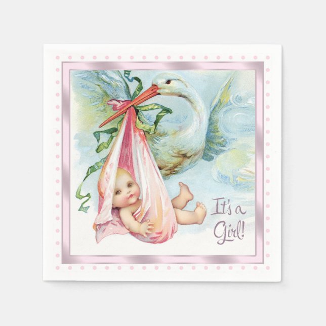 Pink Stork Baby Shower Napkin (Front)