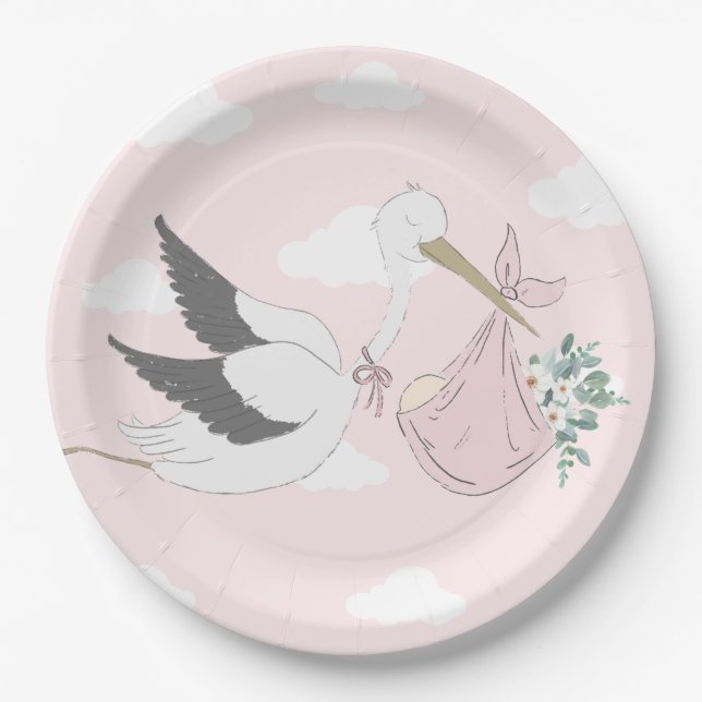 Pink Stork Baby Shower Paper Plate (Front)