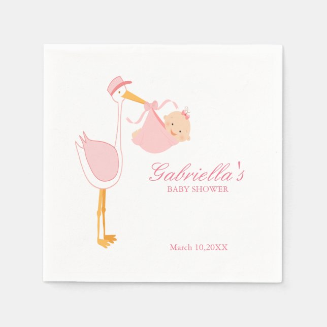 Pink Stork Baby Shower Personalised Napkin (Front)