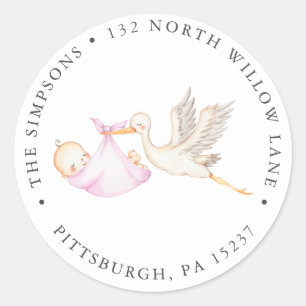 Pink Stork Baby Shower Return address Classic Round Sticker