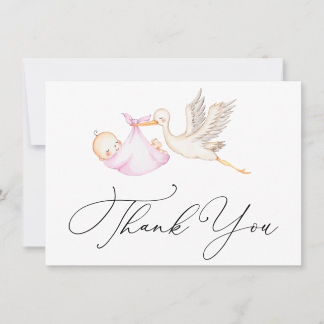 Pink Stork Baby Shower Thank You Note Card (Front)