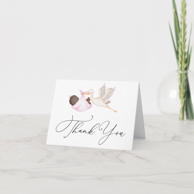 Pink Stork Baby Shower Thank You Note Card (Front)