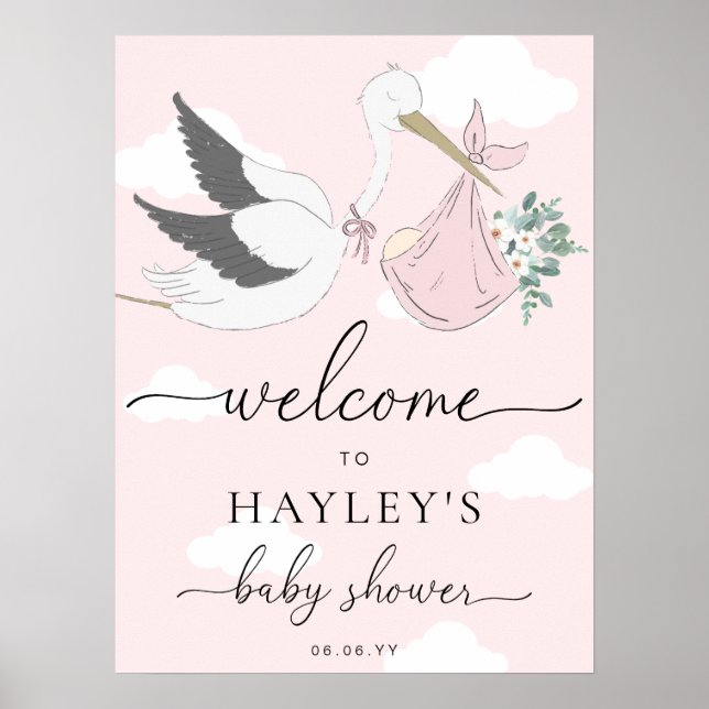 Pink Stork Baby Shower Welcome Poster (Front)