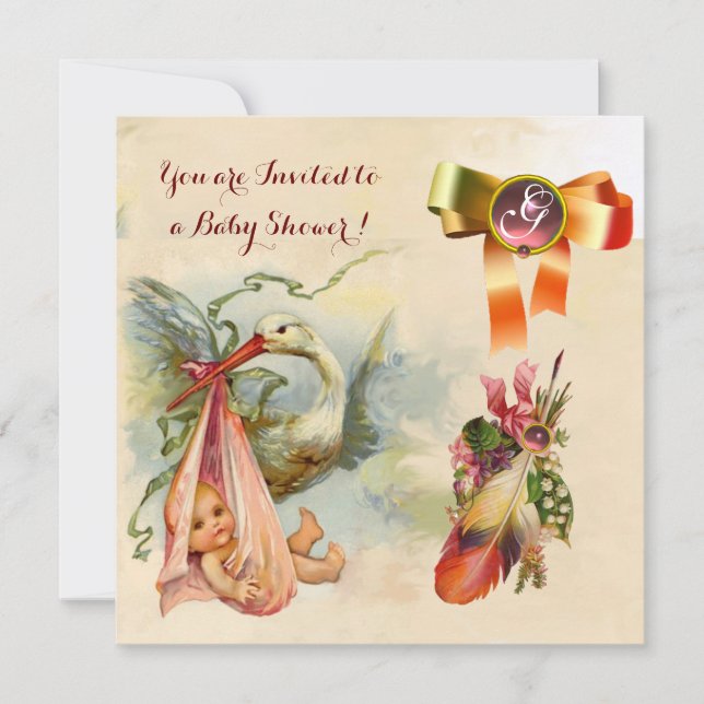 PINK STORK GIRL BABY SHOWER,GEMSTONE MONOGRAM INVITATION (Front)