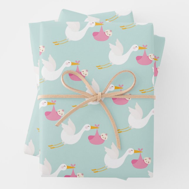 Pink Stork Girl Baby Shower Wrapping Paper Sheet (In situ)