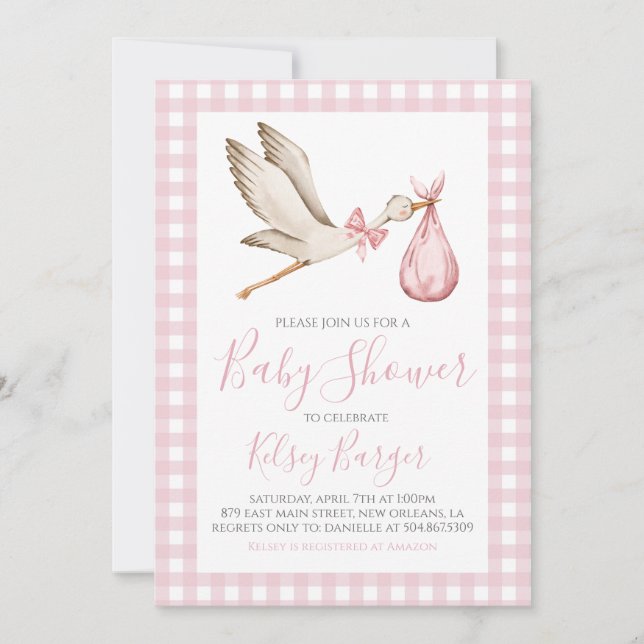 Pink Stork Girl Preppy Southern Baby Shower Invitation (Front)