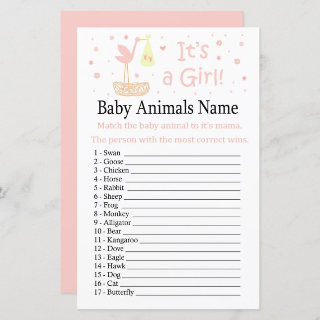 Pink Stork nest Baby Animals Name Game (Front/Back)