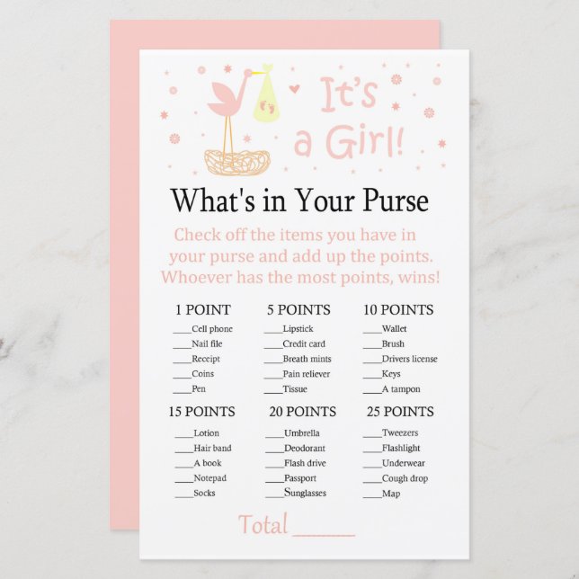 Pink Stork nest What's in your purse game (Front/Back)