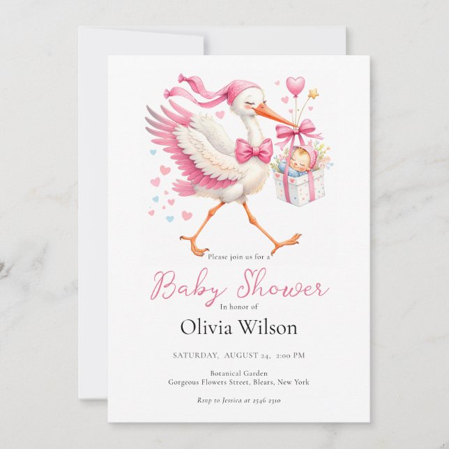 Pink Stork With Baby Invitation (Front)