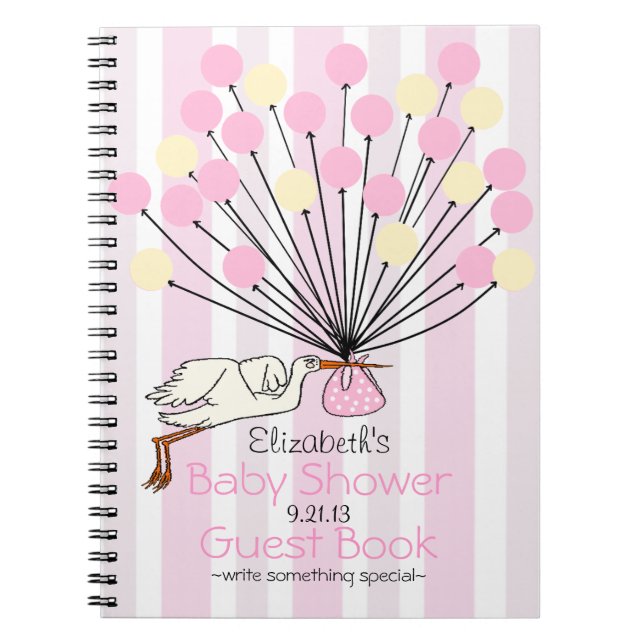 Pink Stork With Balloons Baby Shower Guest Book- Notebook (Front)