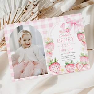 Pink Strawberries Berry First 1st Birthday Photo Card