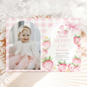 Pink Strawberries Berry First 1st Birthday Photo Invitation