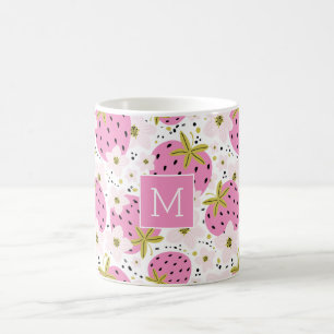 Pink Strawberries Custom Monogram Coffee Mug