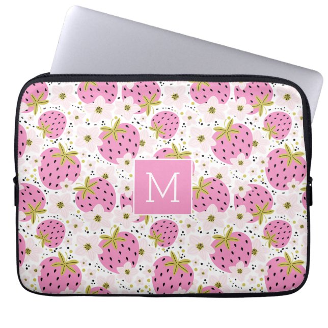 Pink Strawberries Custom Monogram Laptop Sleeve (Front)