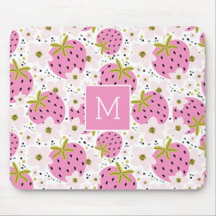 Pink Strawberries Custom Monogram Mouse Mat
