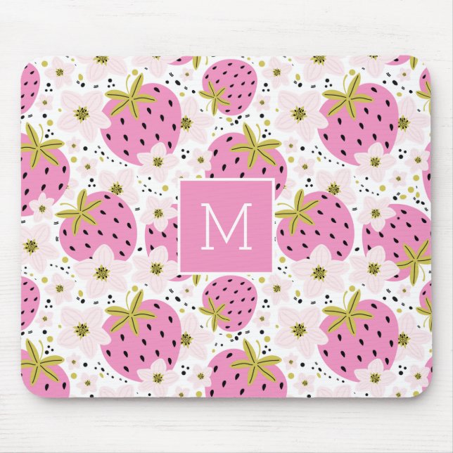 Pink Strawberries Custom Monogram Mouse Mat (Front)