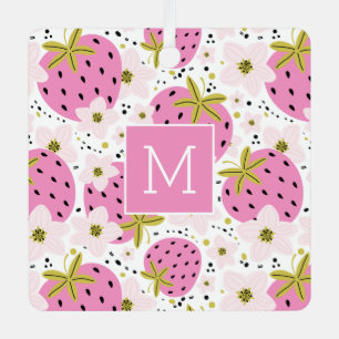 Pink Strawberries Custom Monogram Ornaments