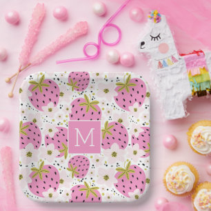 Pink Strawberries Custom Monogram Paper Plate