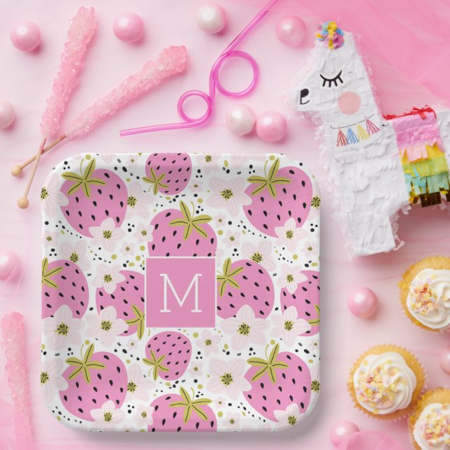 Pink Strawberries Custom Monogram Paper Plate (Party)