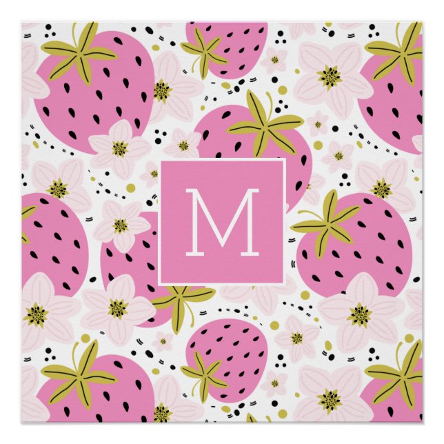 Pink Strawberries Custom Monogram Poster (Front)