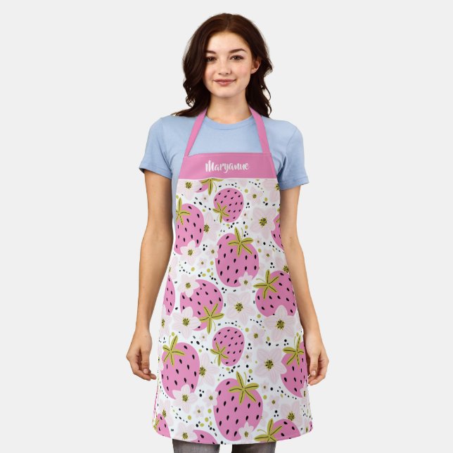 Pink Strawberries Custom Name Apron (Worn)