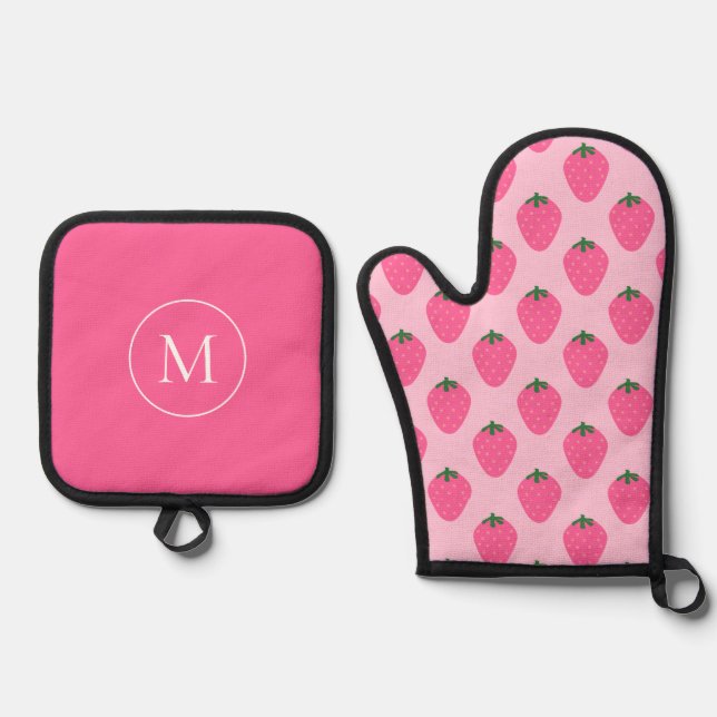 Pink Strawberries, cute customised Oven Mitt & Pot Holder Set (Front)