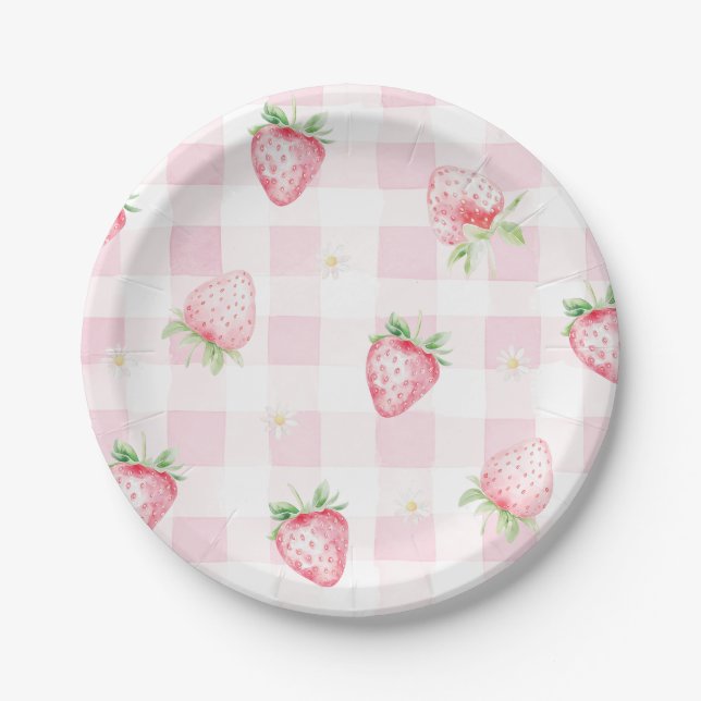 Pink Strawberries Gingham Berry First 1st Birthday Paper Plate (Front)