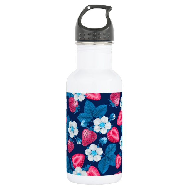 Pink strawberries on blue 532 ml water bottle (Front)