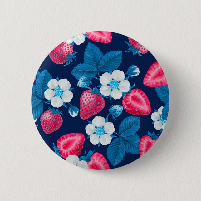 Pink strawberries on blue 6 cm round badge (Front)