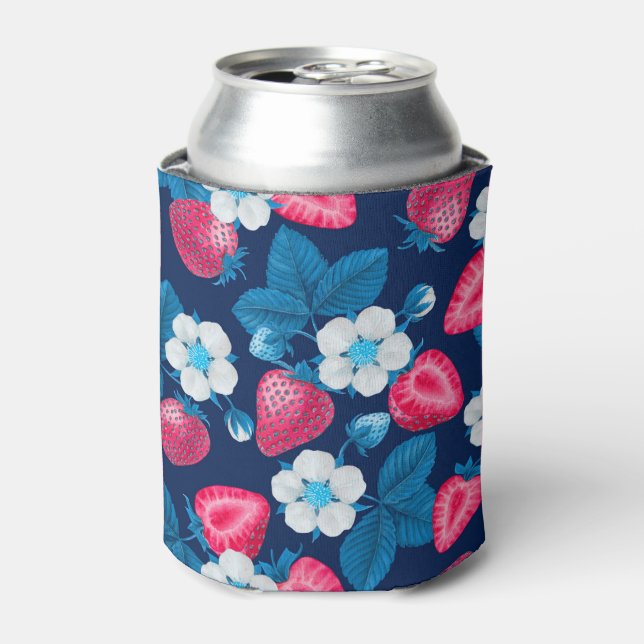 Pink strawberries on blue can cooler (Can Front)