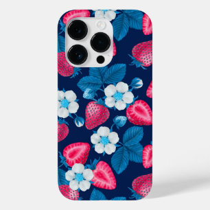Pink strawberries on blue Case-Mate iPhone 14 pro case