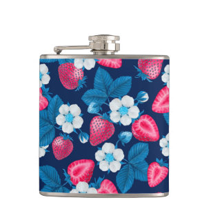 Pink strawberries on blue hip flask