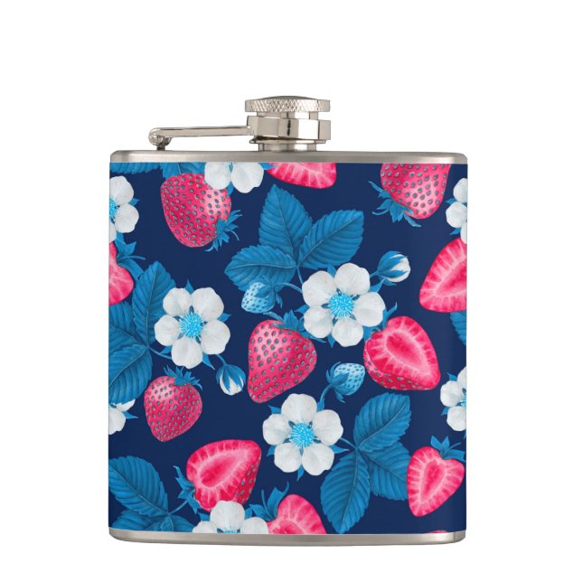 Pink strawberries on blue hip flask (Front)