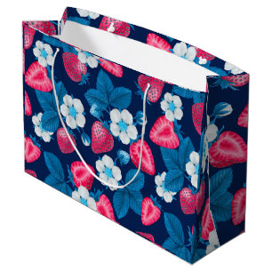 Pink strawberries on blue large gift bag