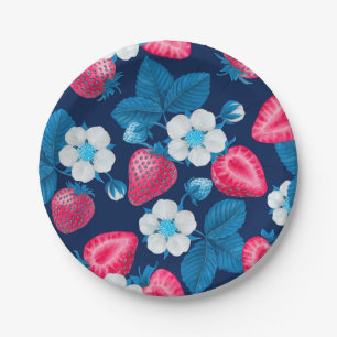 Pink strawberries on blue paper plate