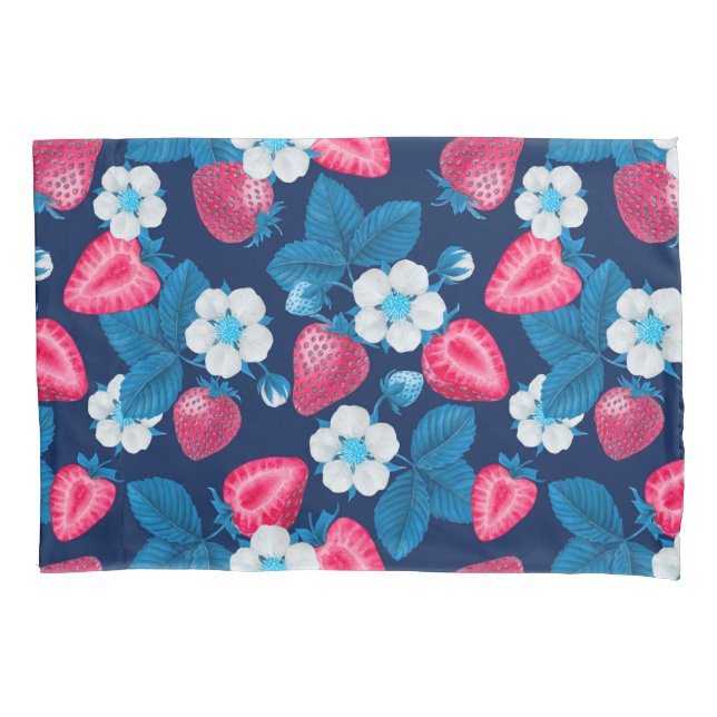 Pink strawberries on blue pillowcase (Front)