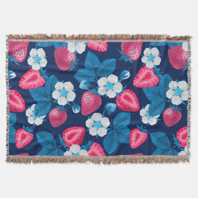 Pink strawberries on blue throw blanket (Front)