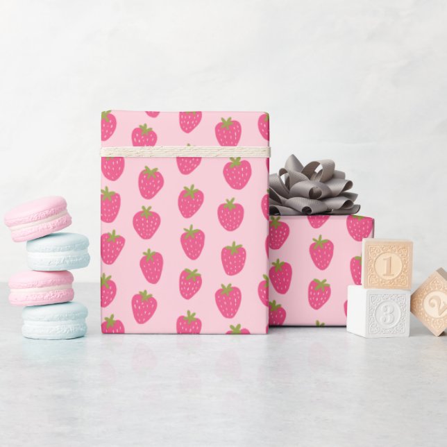 Pink Strawberries Pattern  Wrapping Paper (Baby Shower)