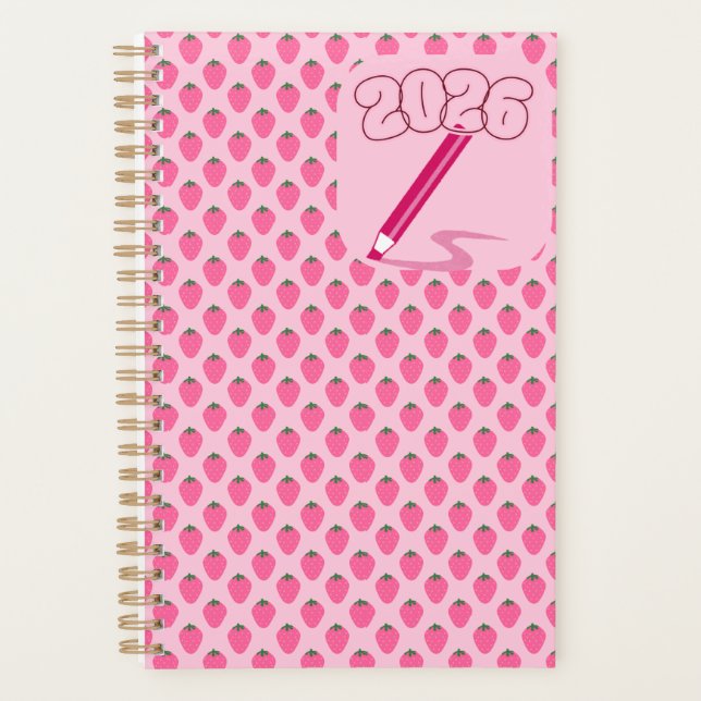 Pink Strawberries Planner, Cute Fruit Aesthetic Planner (Front)