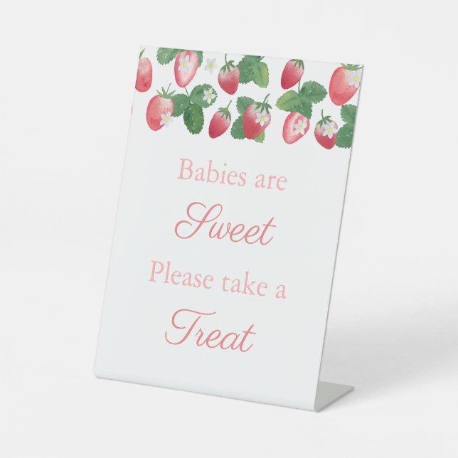 Pink Strawberries Take A Treat Baby Shower Favour Pedestal Sign (Front)
