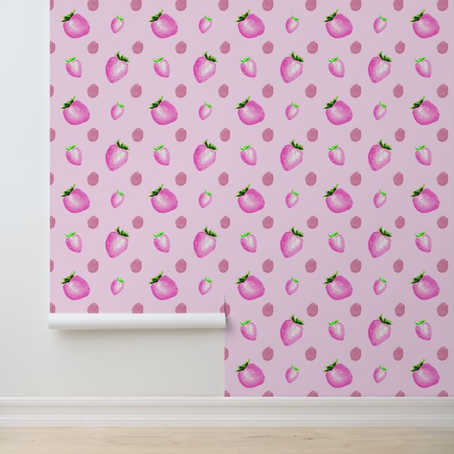 Pink Strawberries Watercolor Baby Nursery Wallpaper (Application)