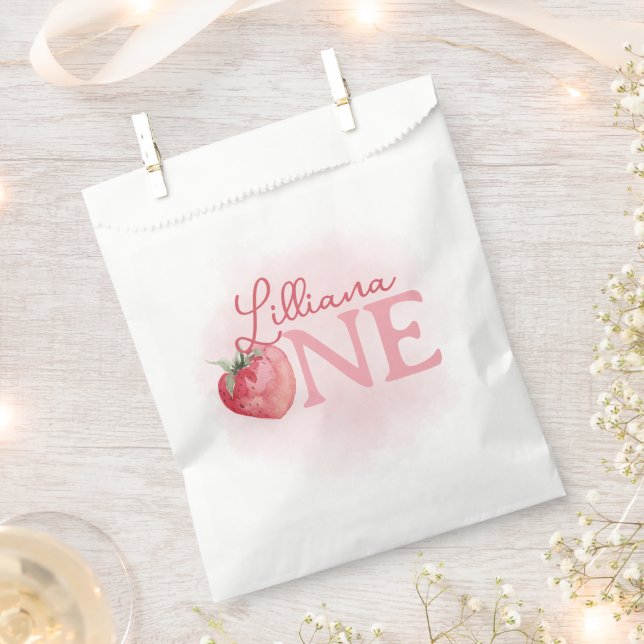 Pink Strawberry 1st Birthday Party Favour Bags (Clipped)