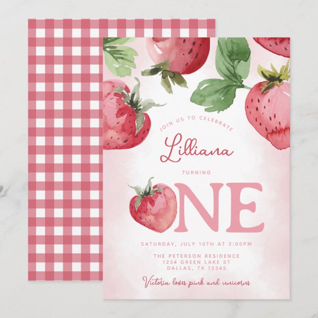 Pink Strawberry 1st Birthday Party Invitation (Front/Back)