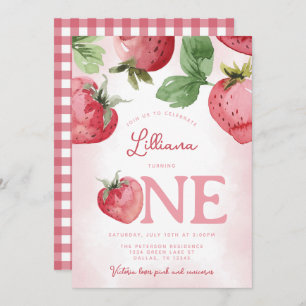 Pink Strawberry 1st Birthday Party Invitation